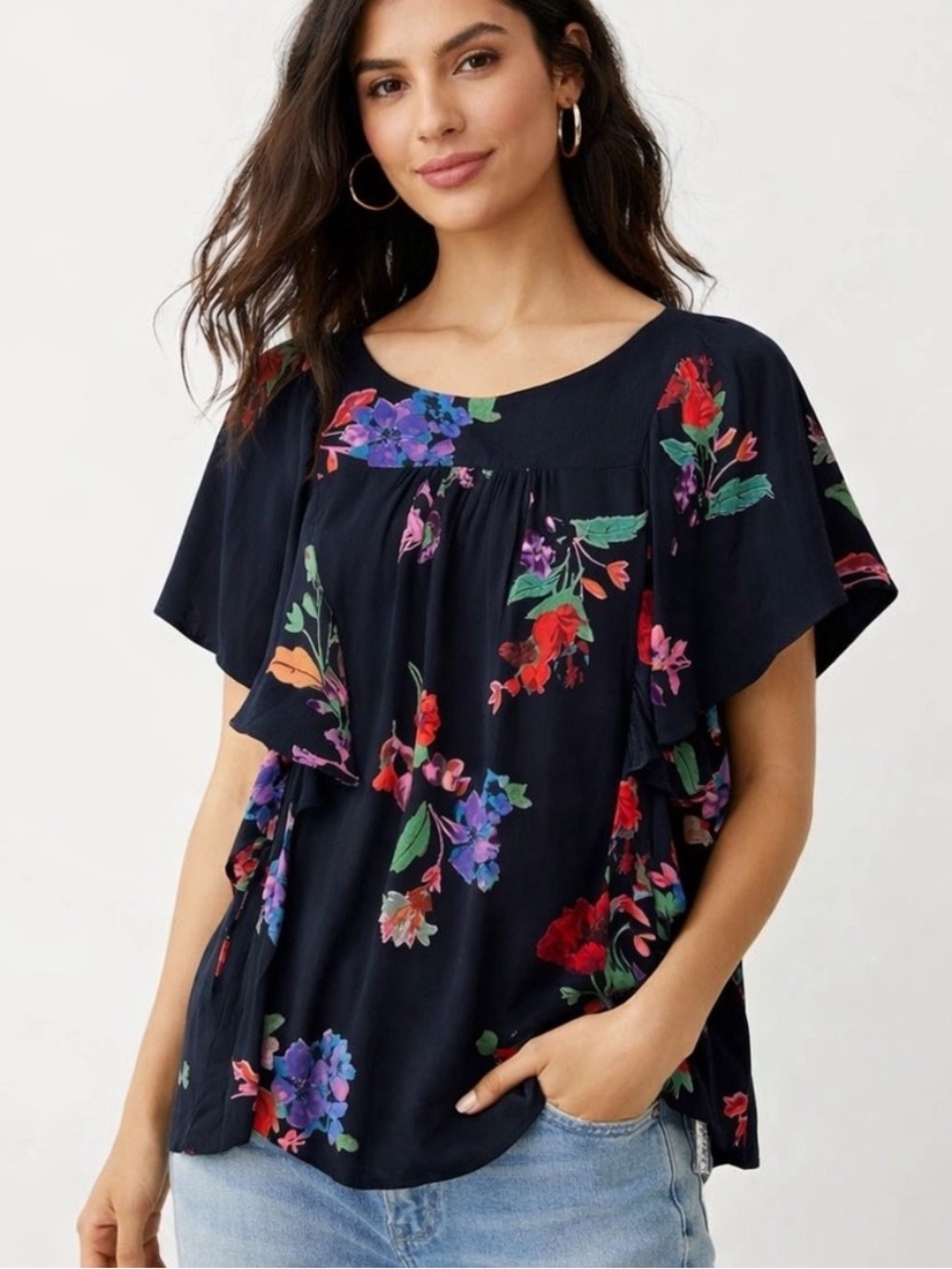 Maeve Floral Flutter Sleeve Blouse - Navy Floral